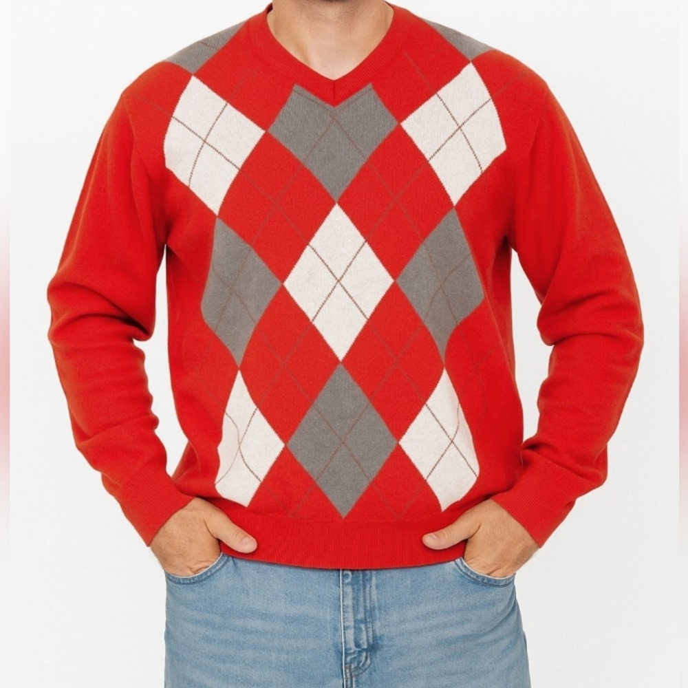 90's Scottish Winds Golf Lined V-Neck Argyle Sweater XL Vintage Preppy